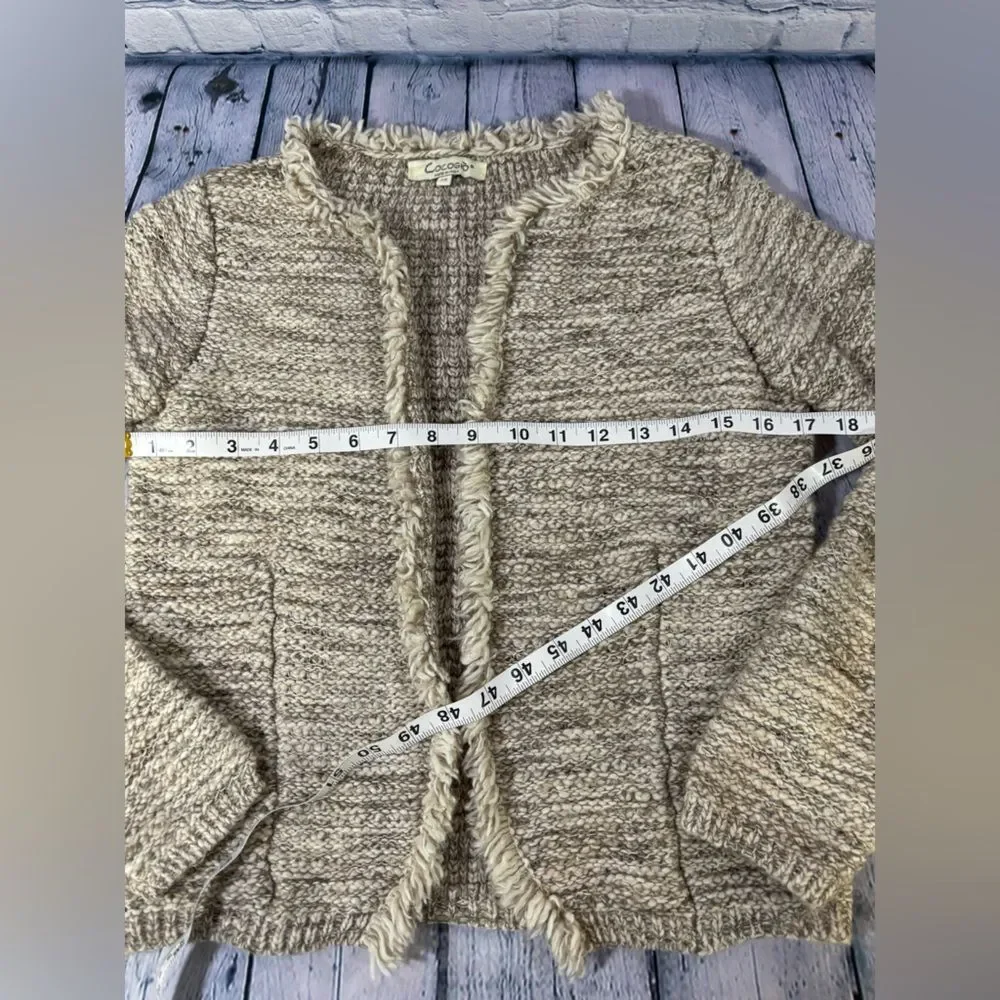 COCOGIO Cream Brown Marled Wool Cozy Boho Fringed Academia Cardigan Sweater XS